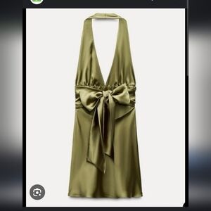 Zara Olive Green Satiny Bow Mini Dress